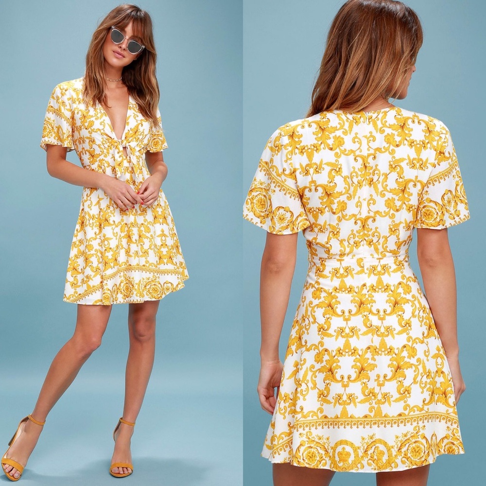 Lulus | Callista White and Yellow Floral Print Tie-Front Skater Dress